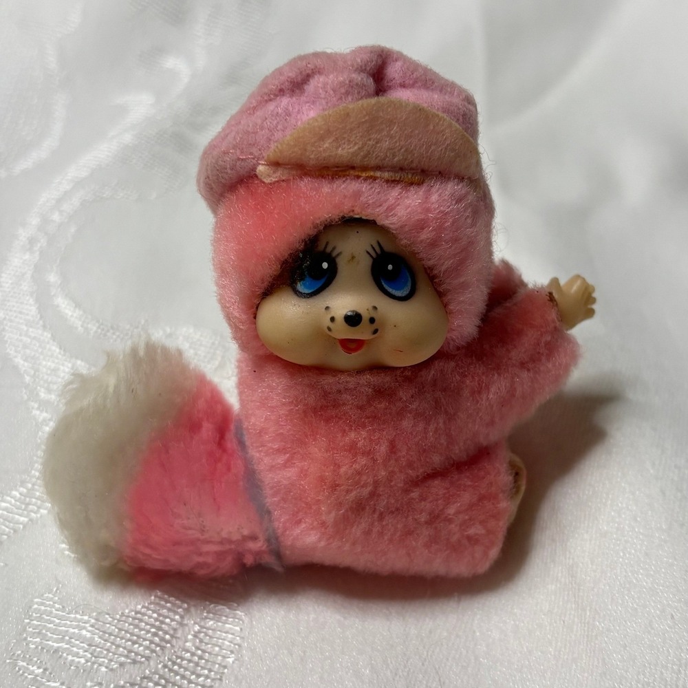 Vintage Monchhichi Style Monkey Pencil Hugger Clip Pink Hat Fluffy‎ Tail Bell